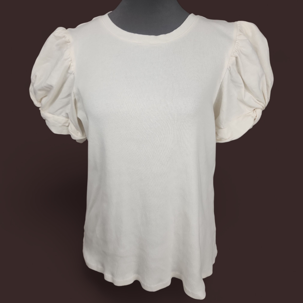 Vince Camuto Ivory Puff Sleeve Ribbed Top